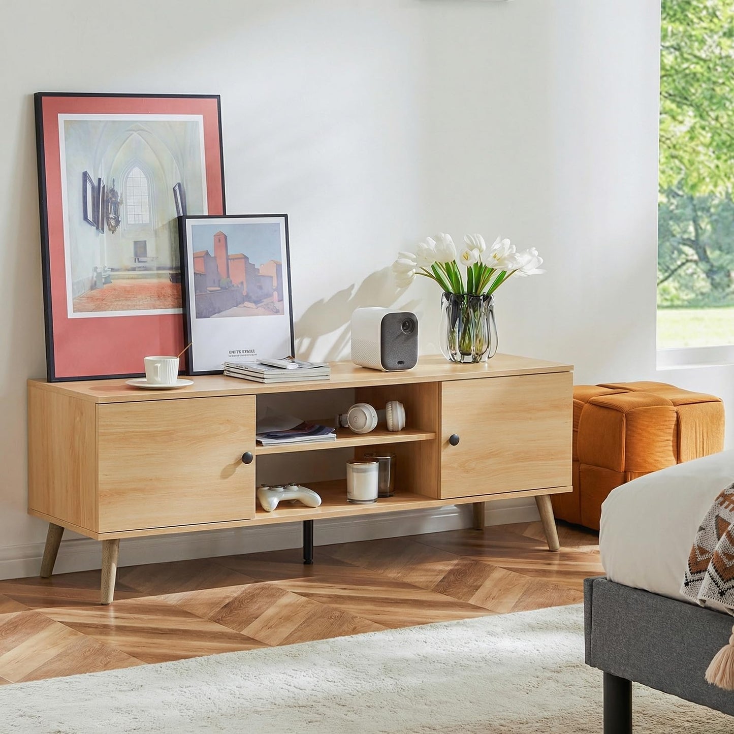 Sweetcrispy TV Stand for 55 60 inch TV, Modern Mid Century Entertainment Center with Storage, Media Console Table 2 Cabinet, Soft Hinge, Handle Door, Wooden Living Room, Office Furniture, Oak