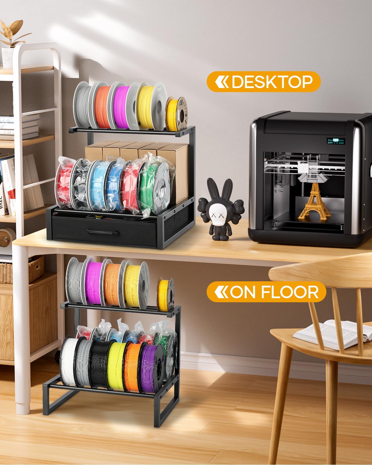 2-Tier Desktop Filament Storage Rack with Fabric Drawer - 3D Printer Filament Spools Holder Shelf for PLA/ABS/TPU Filaments, Tabletop Organizer for Home Office, Workshop Studio (Black Double Row)