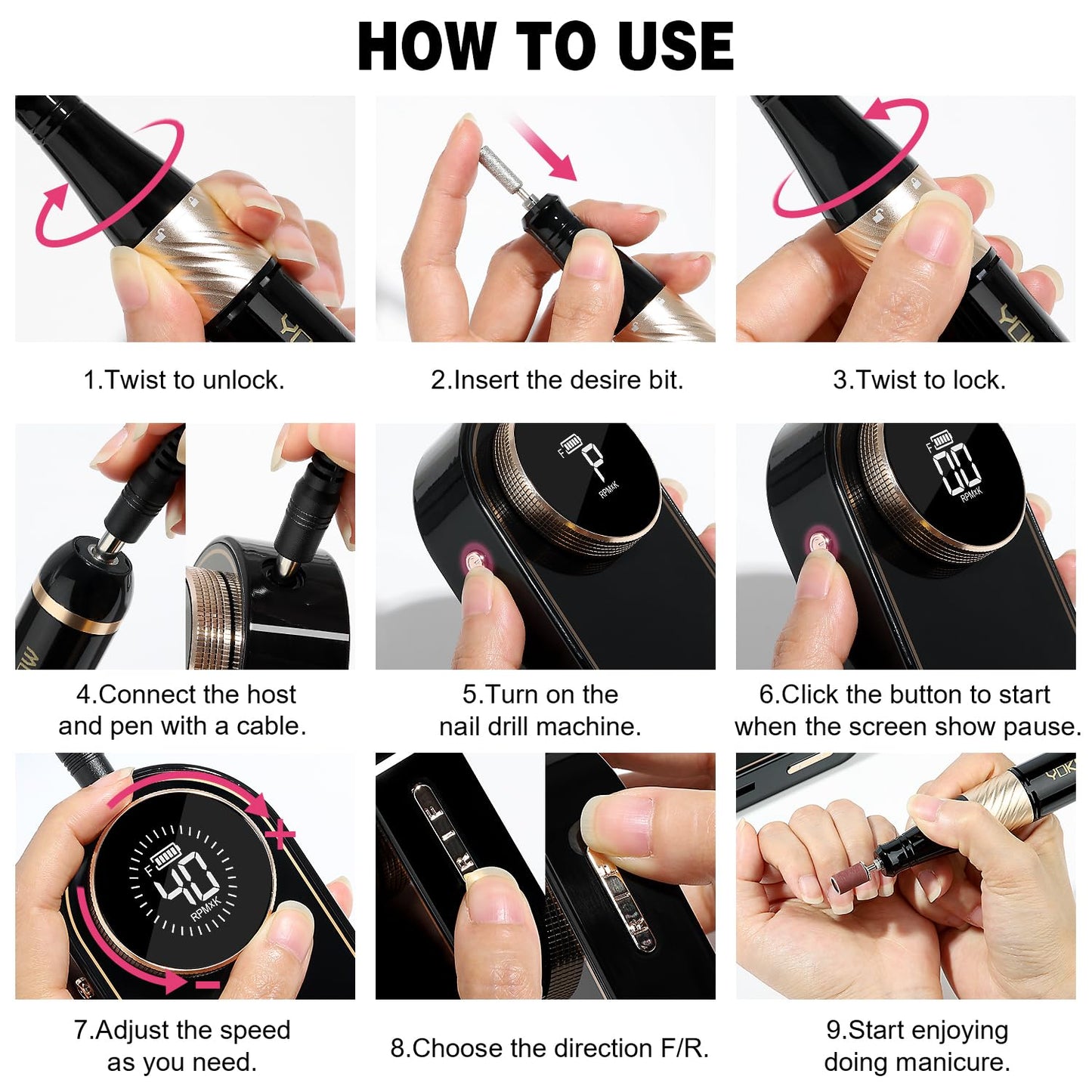 YOKE FELLOW Nail Drill Machine - 40000RPM Nail Drill Professional with 17 Drill Bits for Electric Nail File Manicure Pedicure Home Use (Pink)