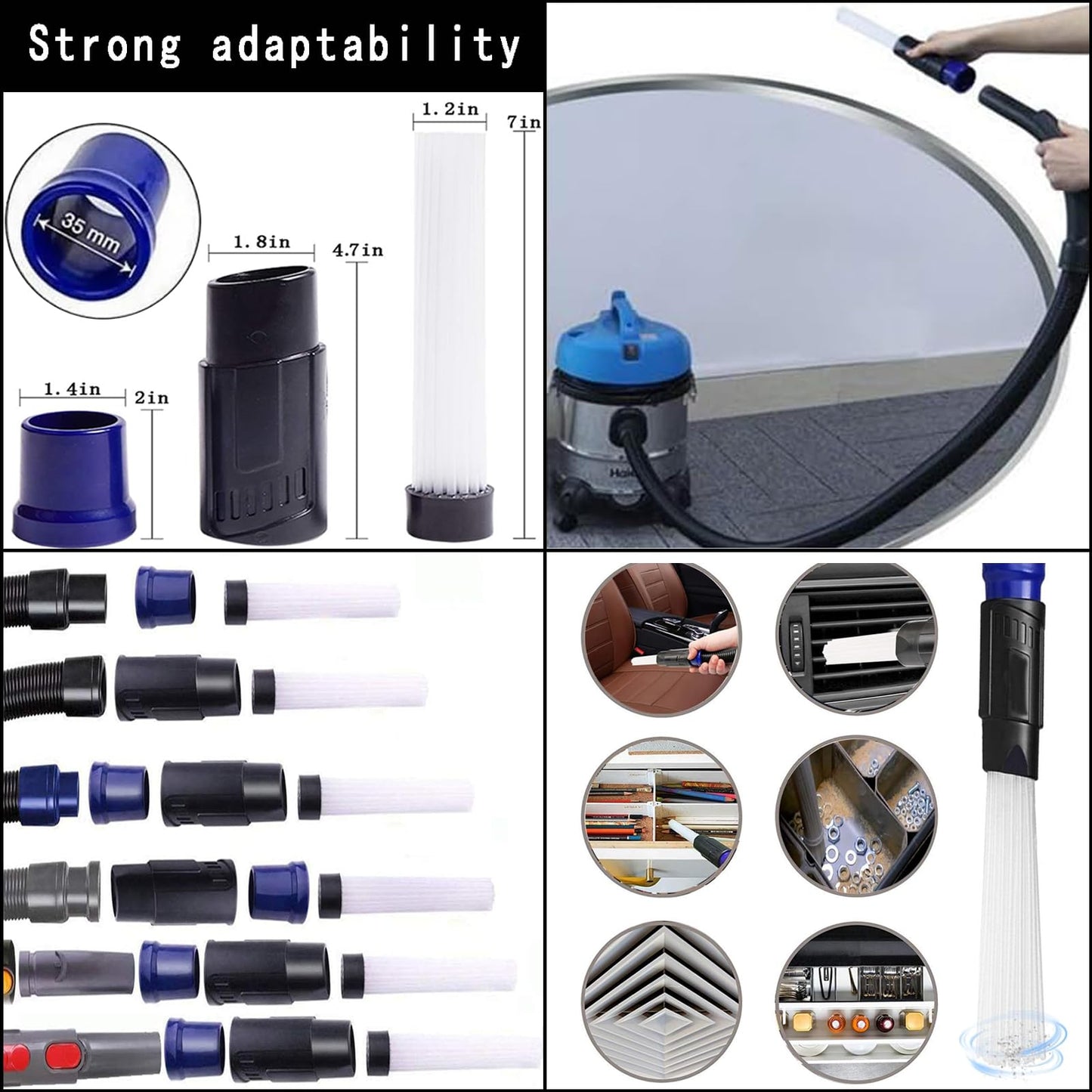 14Pcs Universal Vacuum Attachment Professional Shop Vac Accessories Wet Dry Vacuum Hose Adapter with Hair Brush Extension Wand Flexible Crevice Tool fit 2 1/2" to 1 1/4" and 1 7/8" to 1" Vacuum Hose