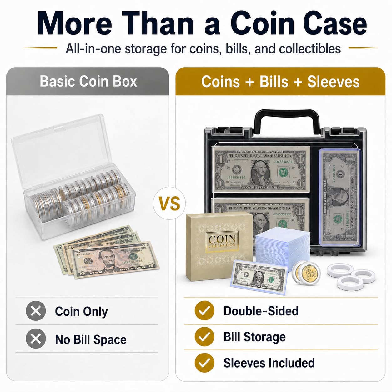 FULLCASE Coins Collector Case Holder Coin Capsules 46mm with 6 Sizes Foam Gasket (141 Pcs), Hard Paper Currency Sleeves (20 Pcs), Soft Dollar Bill Sleeves (200 Pcs) Storage Organizer Box (Black)