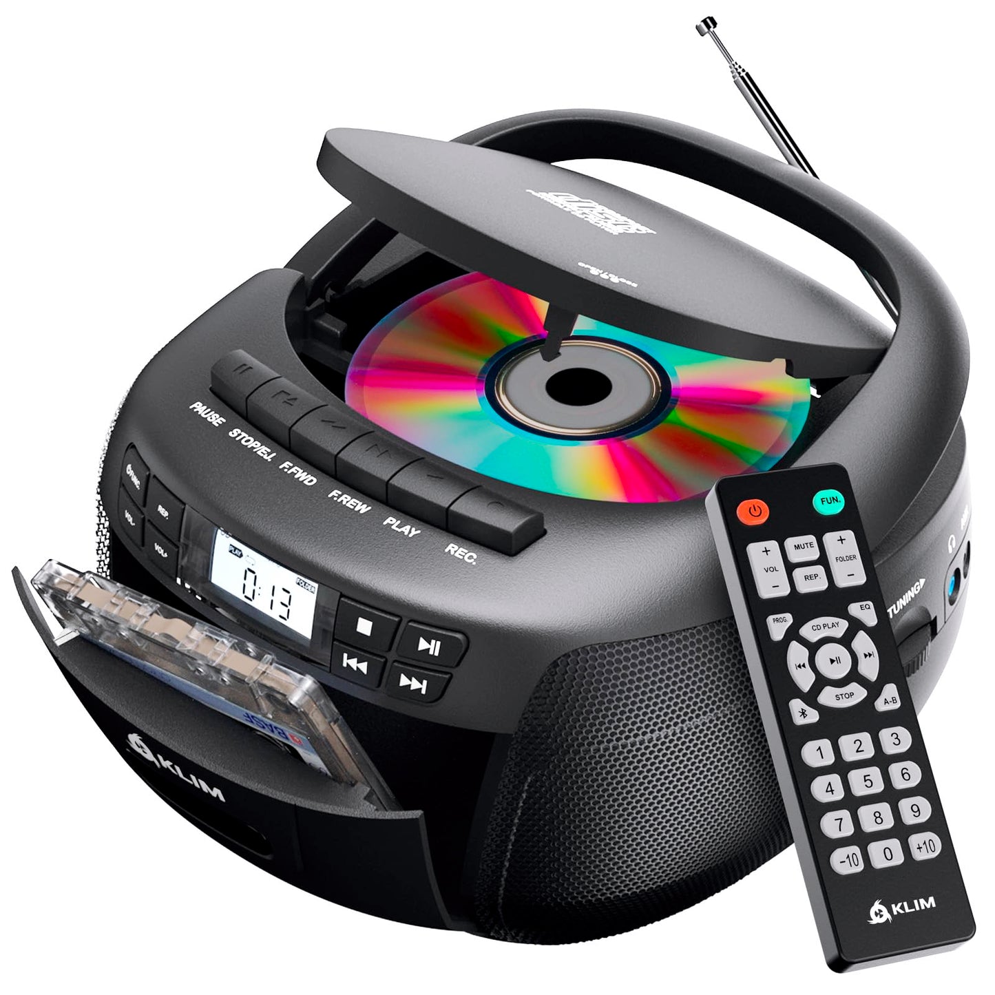 KLIM CD + Cassette Tape Player, Bluetooth CD Boombox, AM/FM Radio, Stereo Sound, Remote, CD and Cassette Player Combo, Tape Recording, USB Drive, AUX