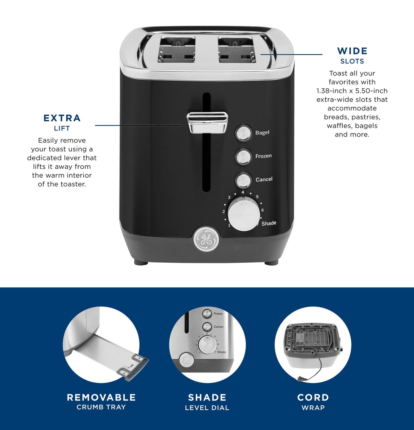 GE 2 Slice Black Stainless Steel Toaster, Extra Wide Slots for Toasting Bagels, Breads, Waffles & More, 7 Adjustable Shade Settings, Removable Crumb Tray, Countertop Kitchen Essentials, 850 Watts