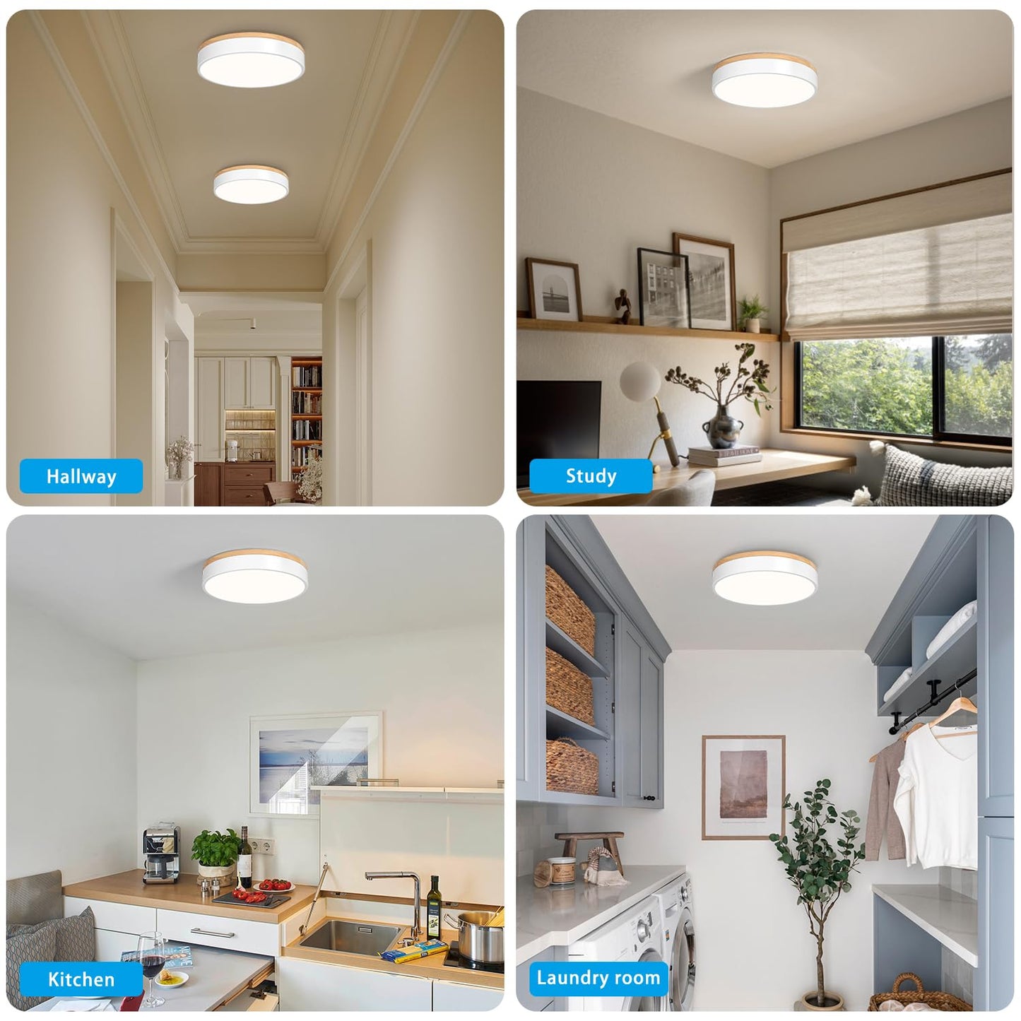 WOKNOS Dimmable Wood Oak Ceiling Light Fixture Modern White LED Flush Mount Ceiling Light 5CCT Minimalist Circle Close to Lighting Fixture for Bedroom Kitchen Bathroom Laundry Room 11.81 Inch