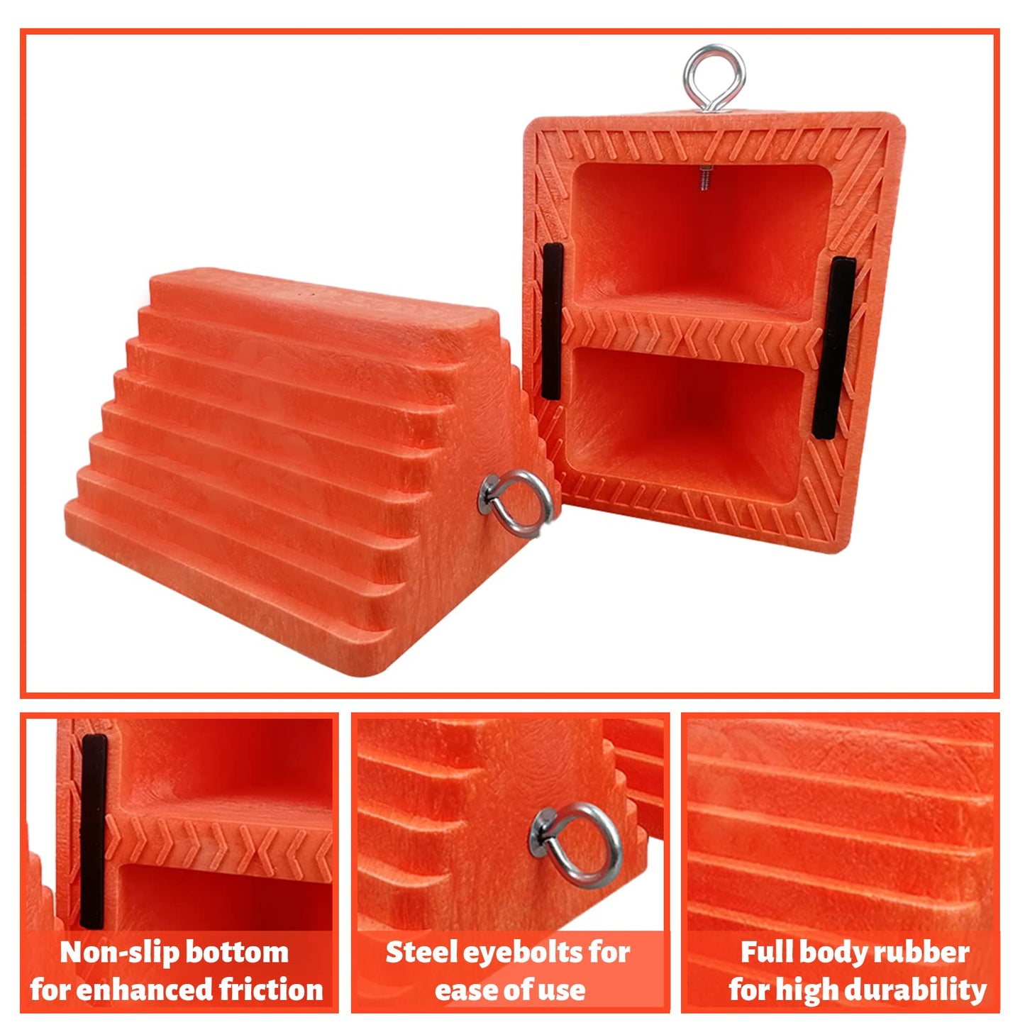 ROBLOCK 2 Pack Wheel Chocks Heavy Duty Orange with Eyebolt for Travel Trailer, 10" Length x 8" Width x 5.7" Height