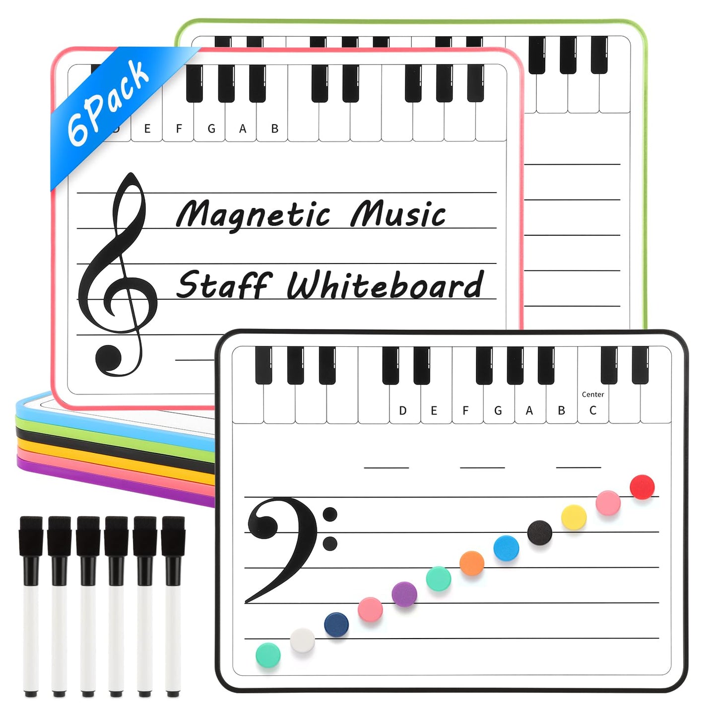 6 Pack Magnetic Music Staff Whiteboard 9'' x 12'' Mini Dry Erase Board for Piano Students Musicians Small White Board Music Classroom Supplies Keyboard Practice (Include 12 Magnets & 6 Markers)
