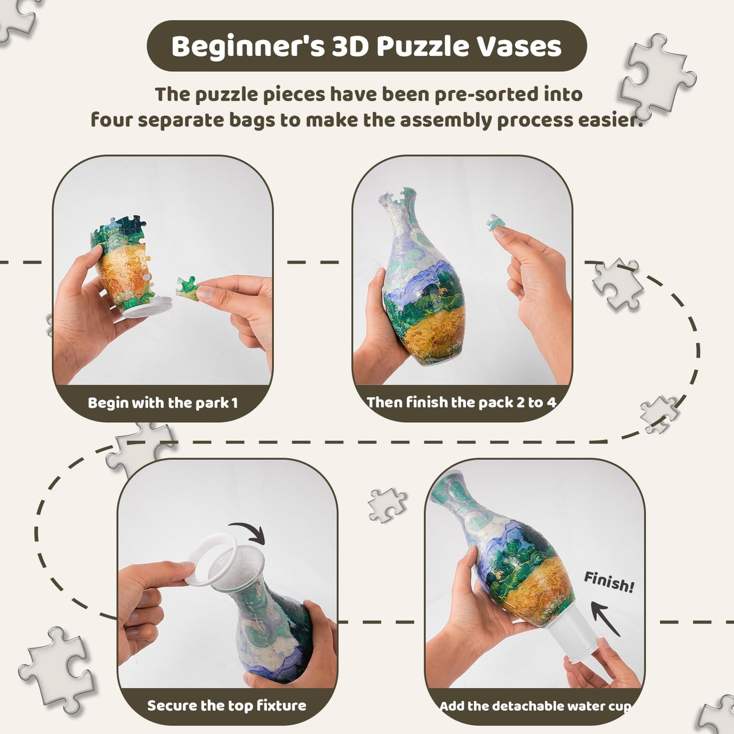 3D Puzzles Vase for Adults,Birthday Gifts for Women,160 PCS DIY Unique Flower Vase Puzzle with LED Light,House Warming Gift Flower Arrangements and Home Decoration (Wheat Field)