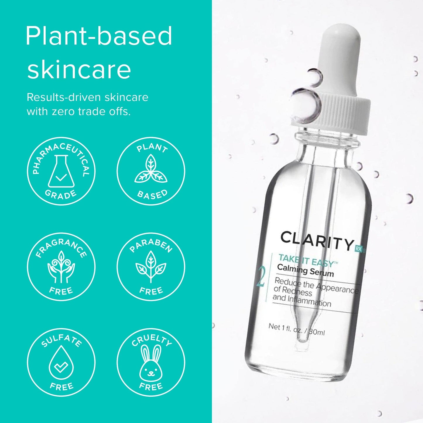 ClarityRx Take It Easy Calming Face Serum, Natural Plant-Based Anti-Redness Treatment for Sensitive Skin & Rosacea (1 fl oz)