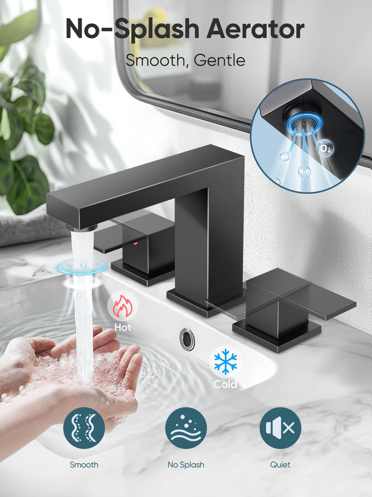Cobbe Bathroom Faucets for Sink 3 Hole, Matte Black Bathroom Sink Faucet Square 8 inch Widespread with Pop-Up Drain, 2 Handle and 2 Supply Hoses, Lead-Free Stainless Steel for Vanity, Rv, Farmhouse