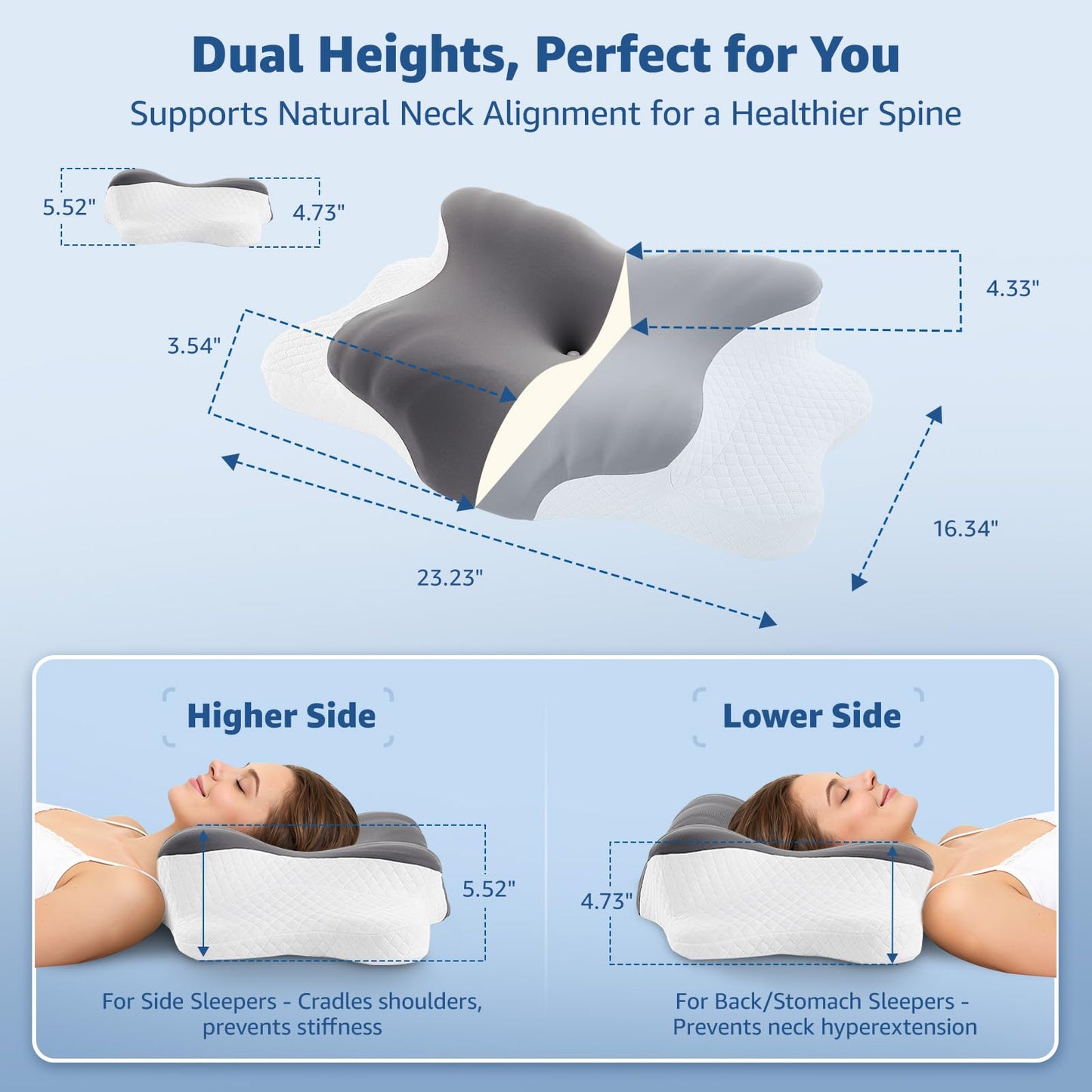 Cervical Pillow for Neck Support: Contour Memory Foam Pillow for Side Back Stomach Sleepers - Ergonomic Neck Pillow with 2 Heights & Widened Armrest Design