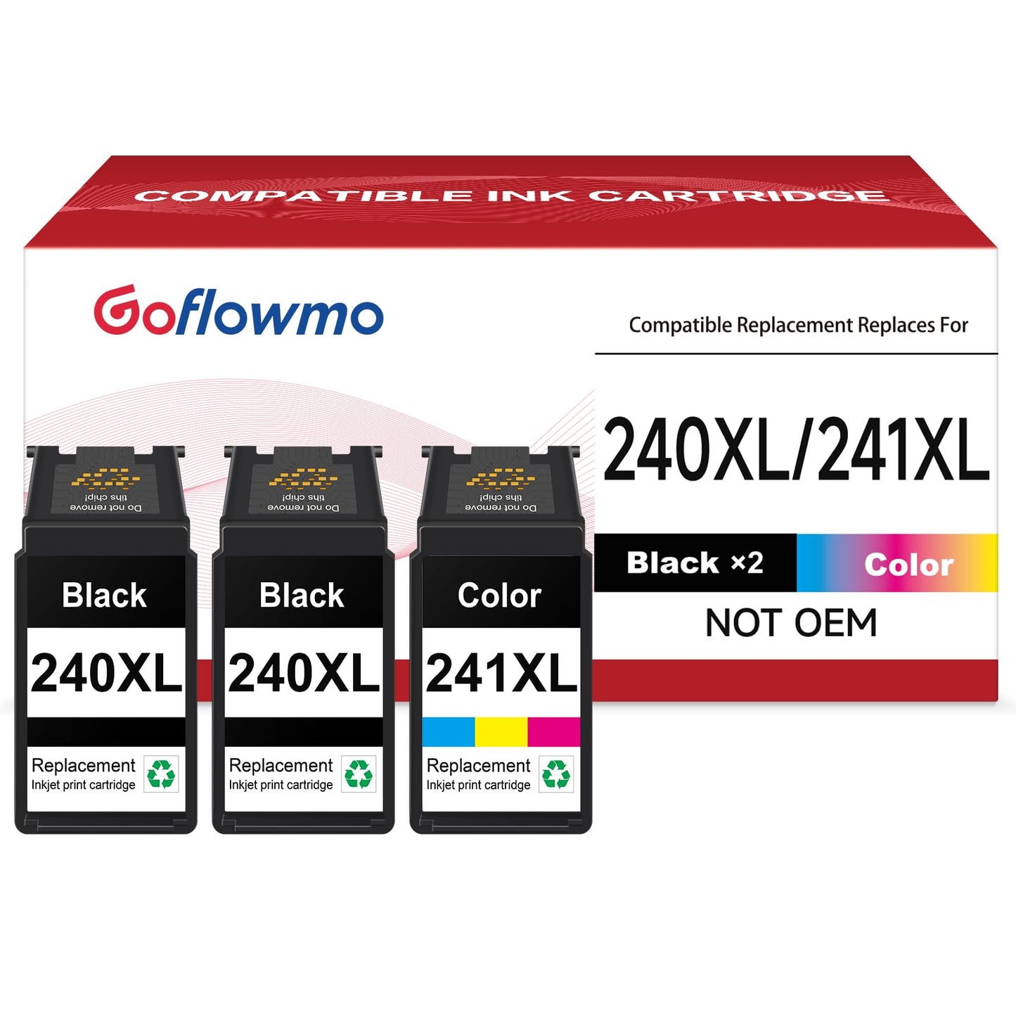 GoFlowmo Compatible Ink Cartridge Replacement for Canon 240XL 241XL Combo 240 241 XL Compatible for MG3620 MG3600 MG3520 TS5120 MG2120 MG2220 MG3220 Printer Ink Cartridge(2 Black 1 Color, 3 Pack)