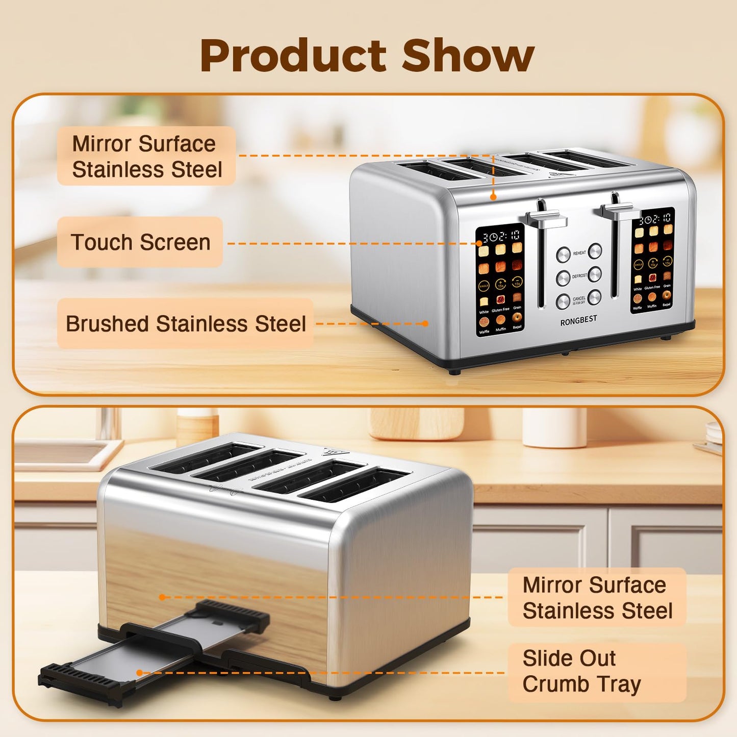 4 Slice Touch Screen Toaster, Stainless Steel Toaster with Wide Slots for Bagels and Bread, Reheat/Defrost/Cancel Functions, Removable Crumb Tray, Silver