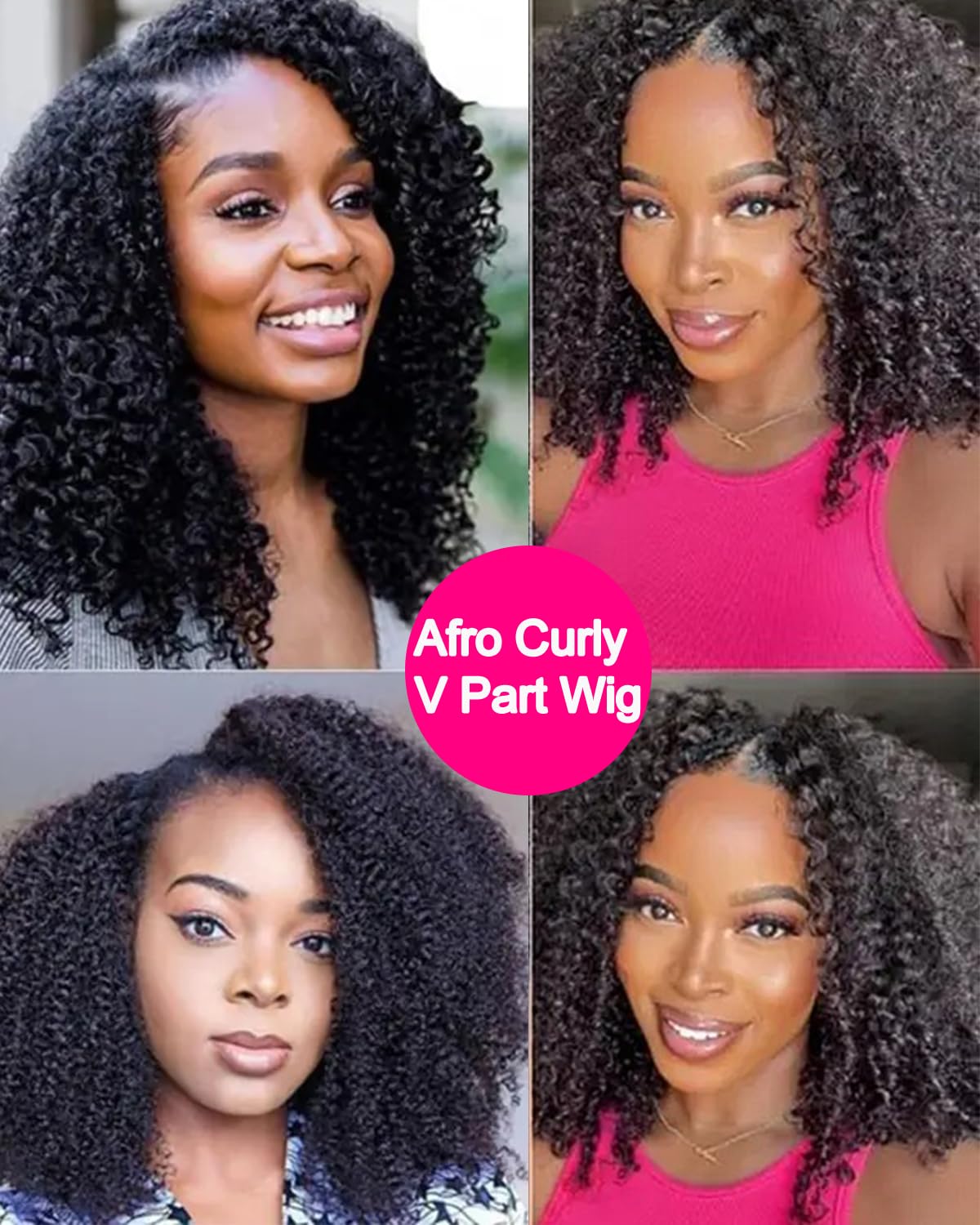Vshow Glueless Wigs V Part Wig Human Hair Afro Curly Wig No Leave Out Thin Part Human Hair Wig Beginner Friendly 180% Density Upgrade U part Kinky Curly Wigs 20Inch