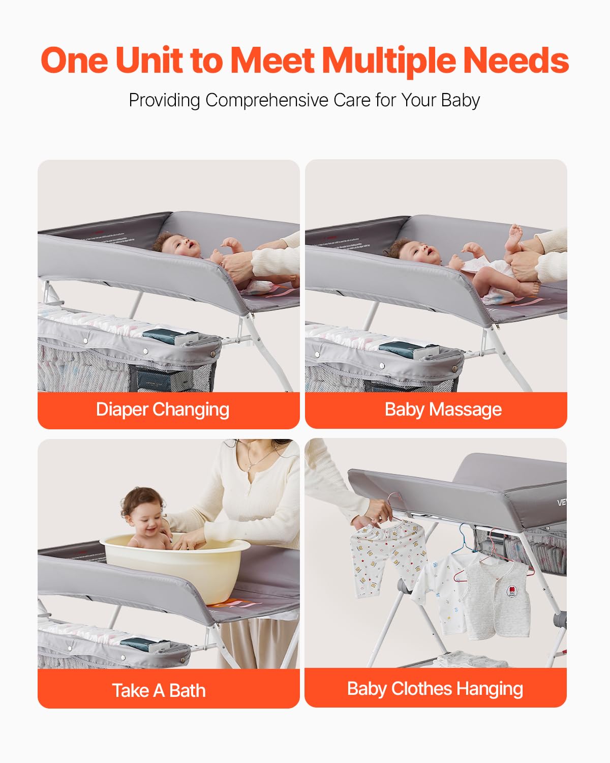 VEVOR Baby Changing Table, Foldable Diaper Change Station with Side Basket, Adjustable Height Changing Table with Lockable Wheels, Multi-Functional Nursery Storage Organizer, Gray