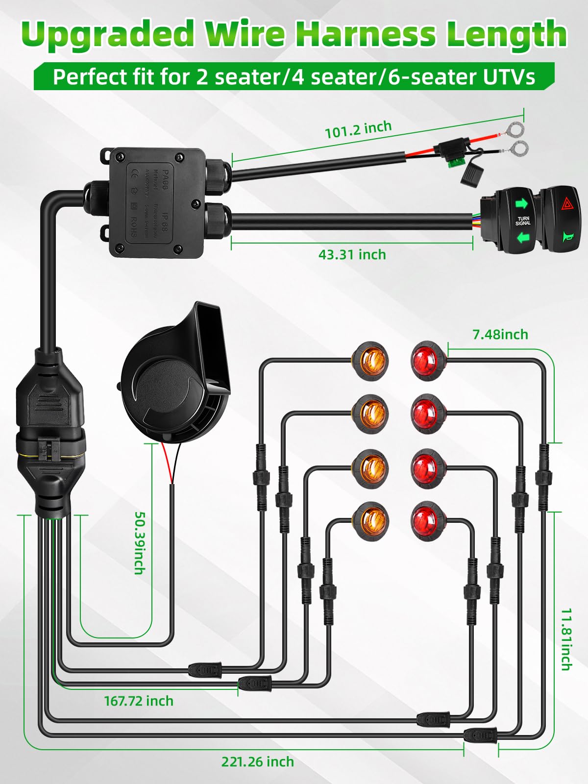 VI9000 UTV Turn Signal Kit, Pre-Wired, Plug and Play Universal Street Legal UTV Blinker Kits with Rocker Switch, Hazard Light, 110D Horn, Compatible with Polaris, Can-Am, Kawasaki, CFMOTO
