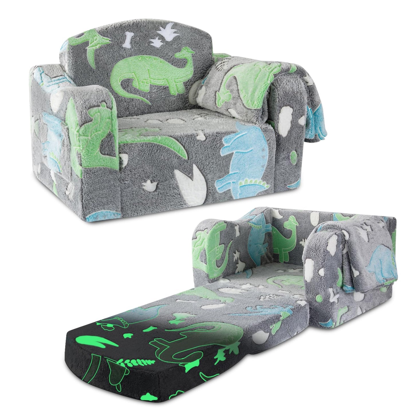 Airpanda Comfy Kids Chair and Couch with Blanket,2-in-1 Soft Fold Out Couch for Girls and Boys,Convertible Sofa Chair for Playroom,Gray Dinosaur
