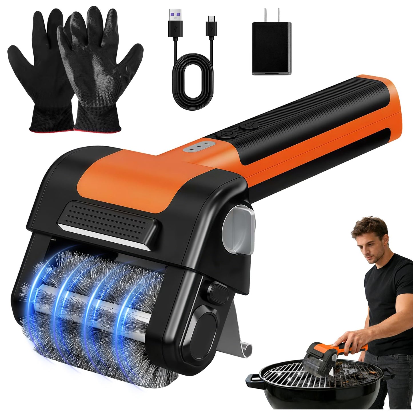 Electric Grill Brush, 950 RPM Cordless Electric BBQ Grill Cleaner with 4500mAh Battery, LED Light, 304 Stainless Steel Brush Head, Grill Clean for Outdoor Grill, No Preheating for Father's Day