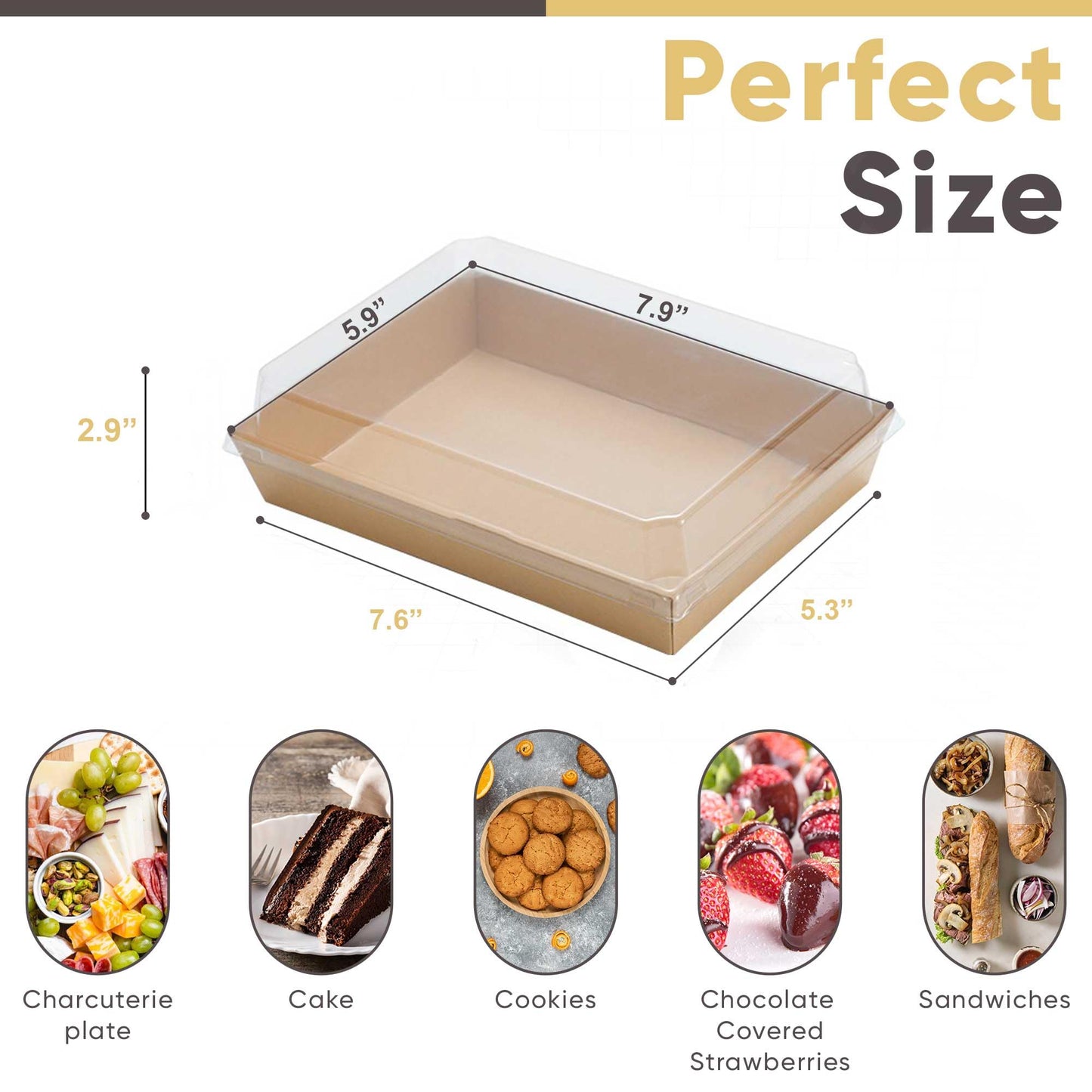 50 Pack 8x6 Inches Large Charcuterie Boxes with Clear Lids - Individual To Go Paper Mini Charcuterie Boards with Lid, Disposable Food Containers for Desserts, Cookie, Charcuterie Accessories (Brown)