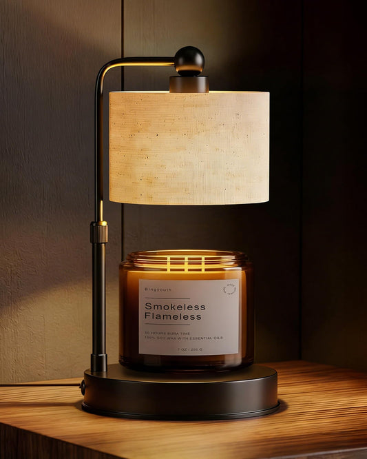Bingyouth Candle Warmer lamp for 3 Wick Candles, Large Candle Warmer Lamp with Timer, Dimmable, Adjustable Height, Modern Farmhouse Linen Shade, Black Candle Warming Lamp, 2 Bulbs Included