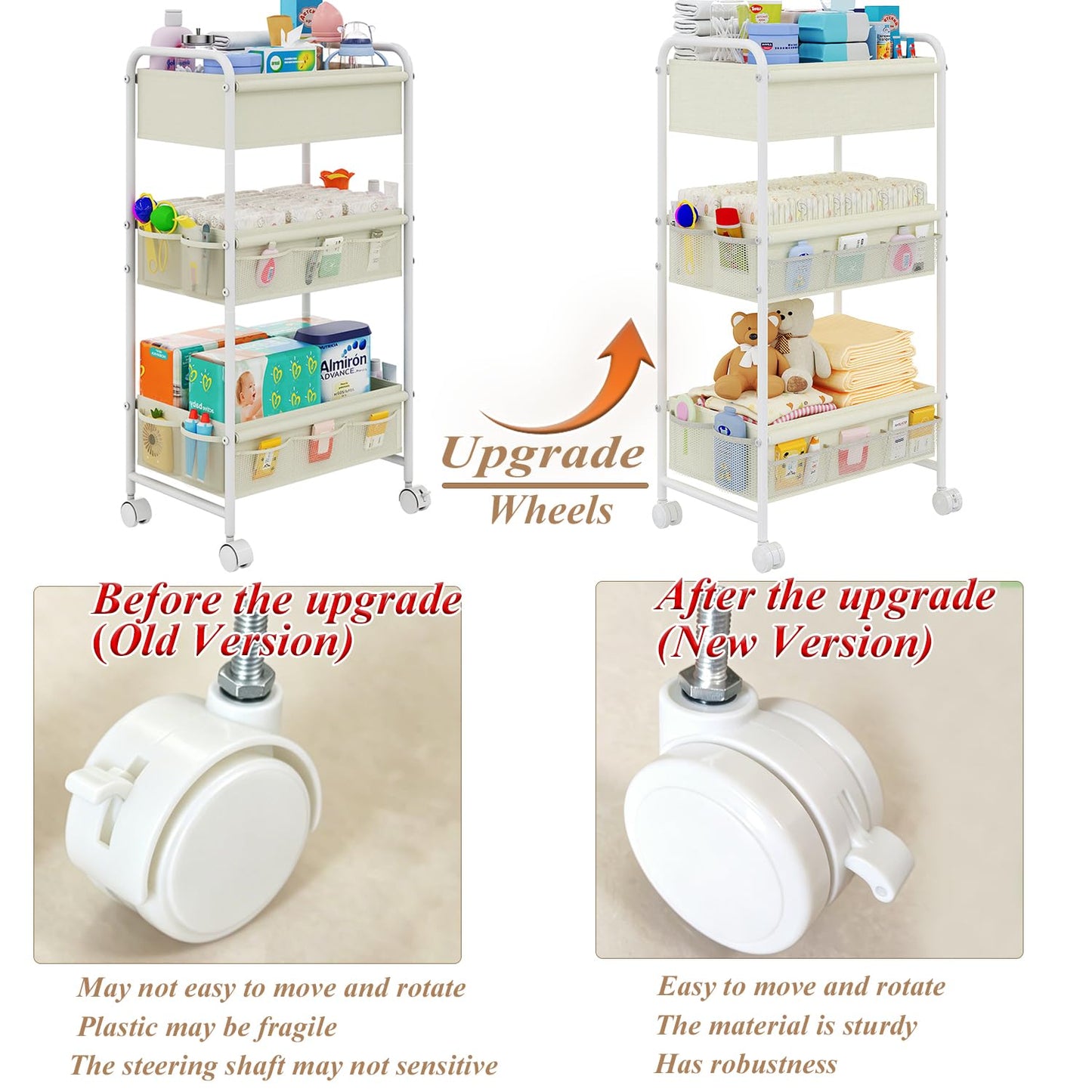 3-Tier Baby Diaper Caddy Cart Organizer,Mobile Nursery Storage Carts with Wheels,With 2 Dividers&14 Mesh Pockets Durable Metal Utility Cart for Nursery, Bedroom, Bathroom, Baby Essentials Organization