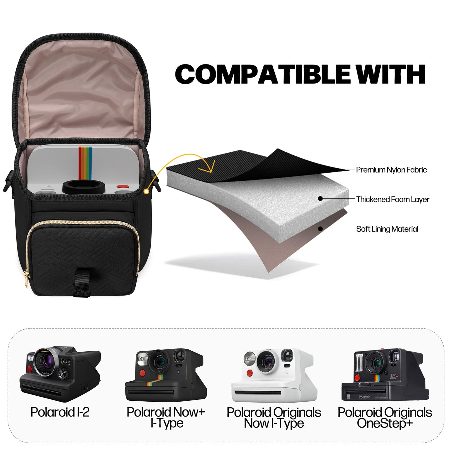 Prokva Camera Sling Bag Compatible with Polaroid Now 2nd Generation I-Type, Now+ 2nd Gen I-Type, Now, Now+, OneStep Instant Camera, Camera Crossbody Bag with Adjustable Strap, Black(Empty Bag)