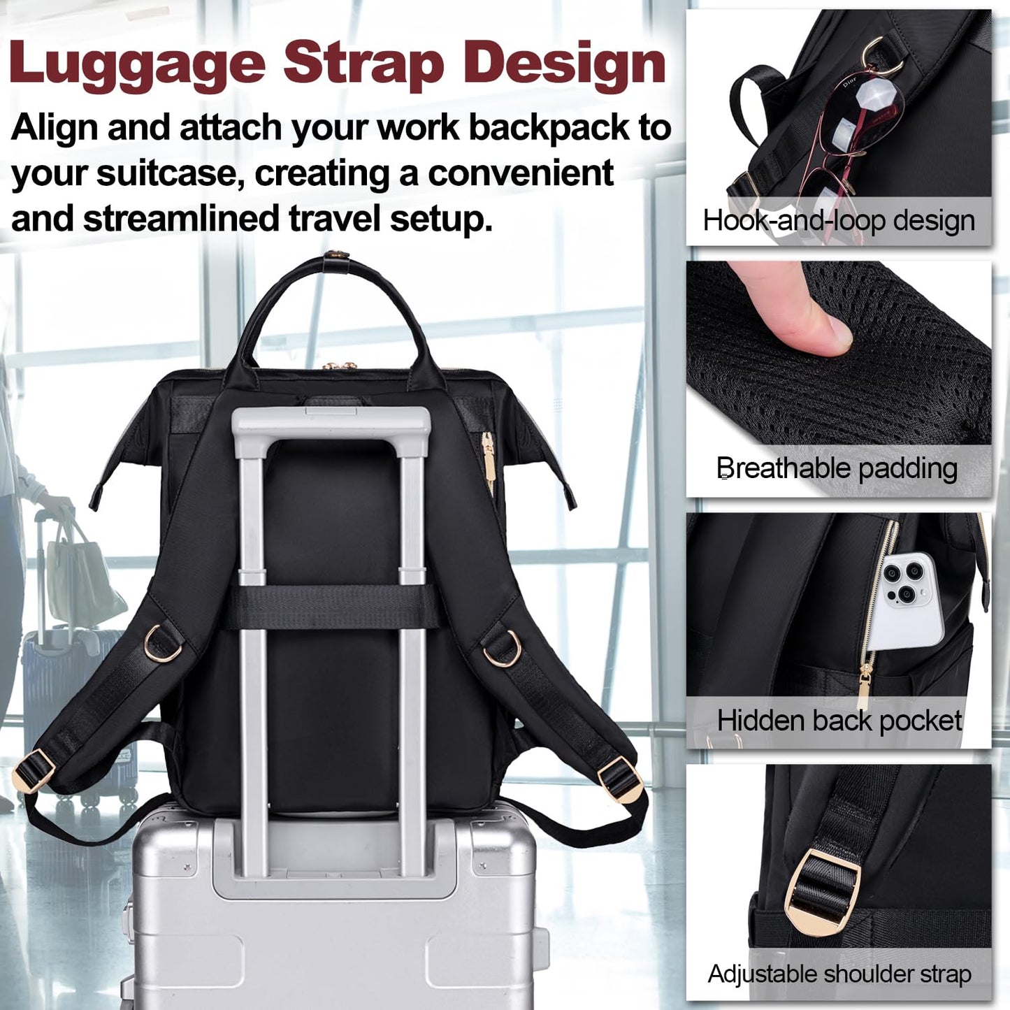 Otevan Lunch Backpack for Women,Work Backpack for Women, 15.6 inch Laptop Backpack with Lunch Bag,Teacher Nurse Insulated Lunchbox Backpack for Women, Black Upgrade, 24009