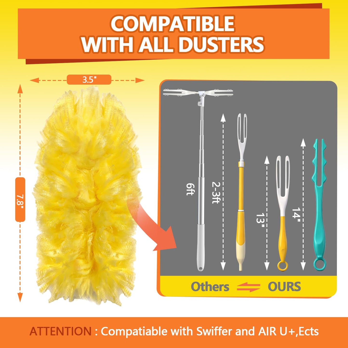 EKACO Heavy Duty Duster Refills for Swiffer Duster (60 Count) | 360° Unscented Disposable Multisurface Dusters with 1 Handle- for Home, Blinds, Fans & Corners, Yellow