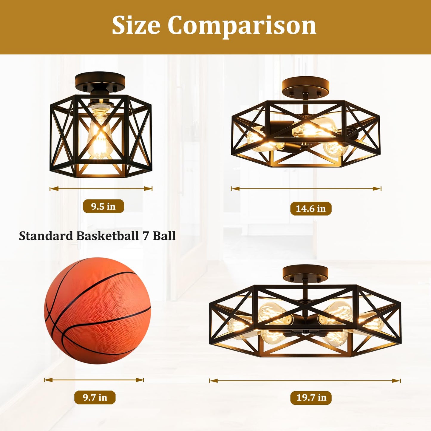 Bwxcie Modern Farmhouse Black Ceiling Light,Industrial Semi Flush Mount Ceiling Lighting Fixture,Hexagonal Lighting Fixtures for Kitchen,Bedroom,Foyer,Dining Room,Hallway,3-Light,14.6 Inch