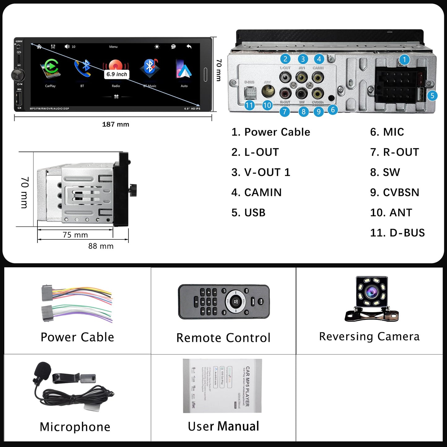 6.9 in Wireless Carplay Single Din Car Stereo, HD IPS Touchscreen Car Radio, Car Stereo with Bluetooth 5.0,Mirror Link,FM,EQ,USB/Type-C,MIC, Weatherproof Night Version Backup Camera, Android Auto