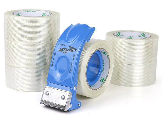 BOMEI PACK Strapping Tape 2Inch, Fiberglass Reinforced Heavy Duty Packing Tape with Dispenser with String for Moving and Shipping, 6Rolls x 5.5Mil x 35Yds, Total 210Yds