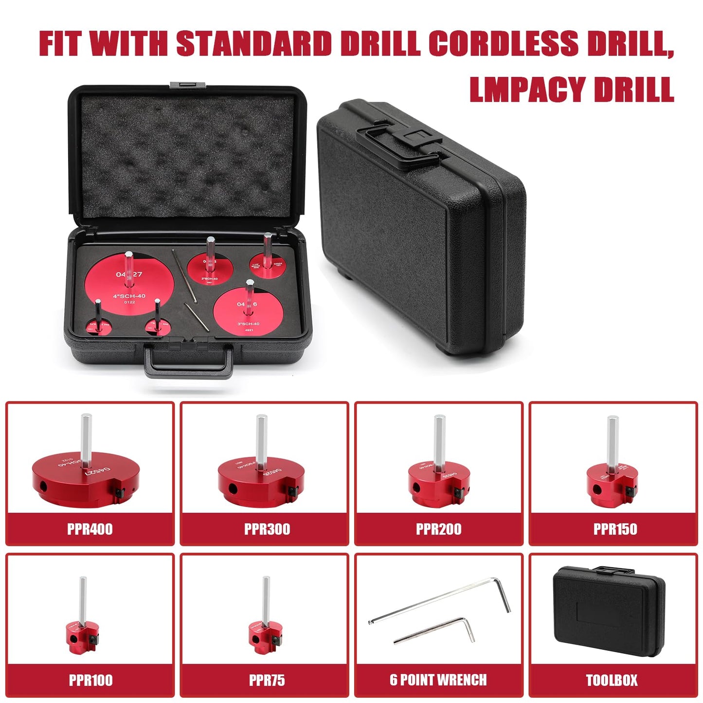 PVC Pipe Reamer, 6 Piece Plastic PVC Pipe Fitting Saver Kit Fit into Standard 1/2" Drills PVC Socket Saver Tool Contains 3/4inch, 1inch, 1-1/2inch, 2inch, 3inch, 4inch Head