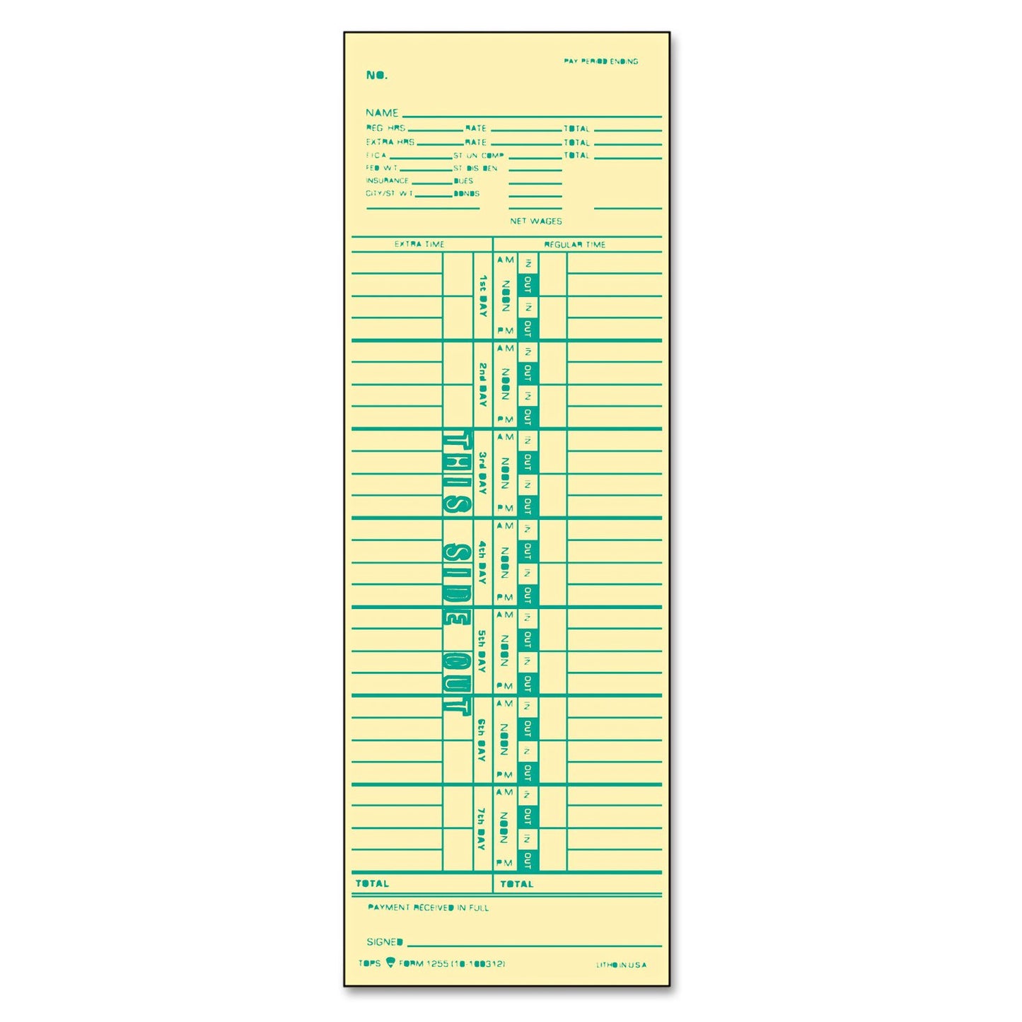 TOPS Time Cards, Weekly, 1-Sided, Numbered Days, 3-1/2" x 10-1/2", Manila, Green Print, 500-Count (1255)