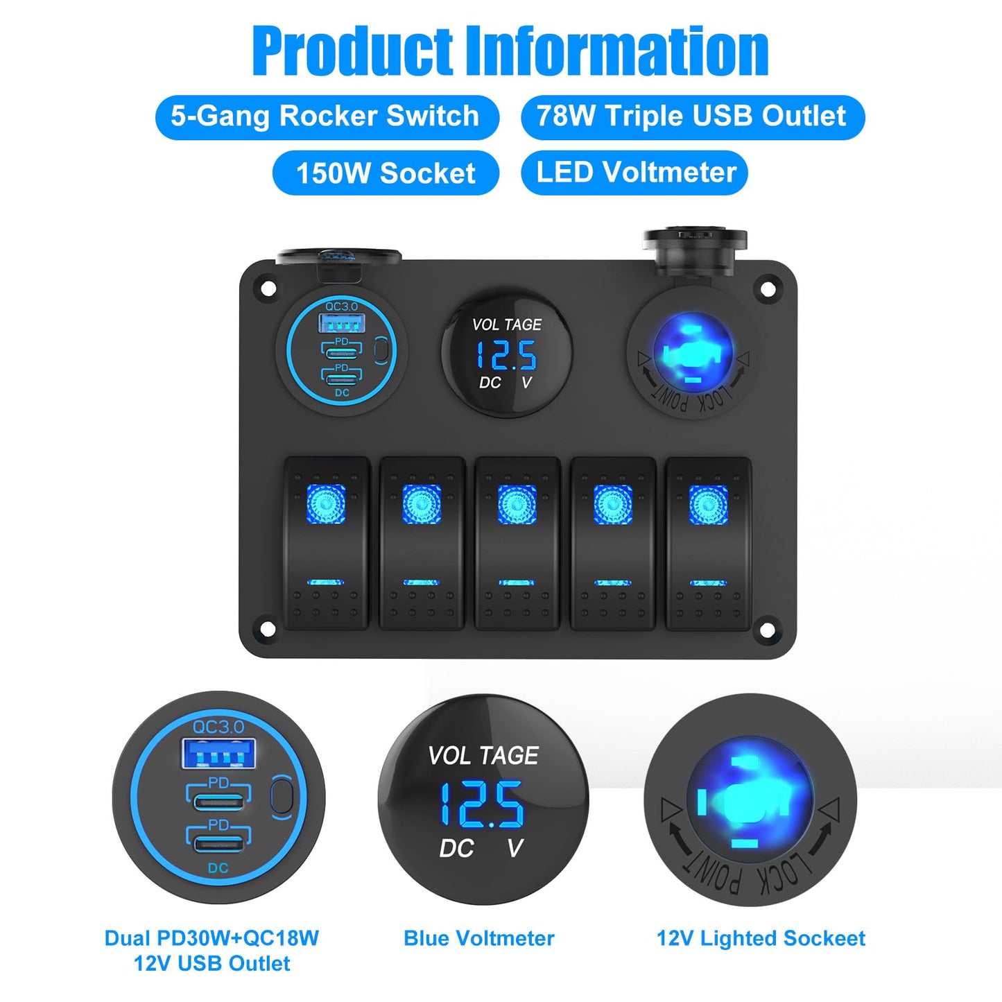 Marine Boat Switch Panel Waterproof, 5 Gang Marine Rocker Switch Aluminum Panel with 3 Port 66W 12V USB Outlet Car Charger, 150W Cigarette Lighter Socket and Blue LED Voltmeter for Truck Car RV, etc.