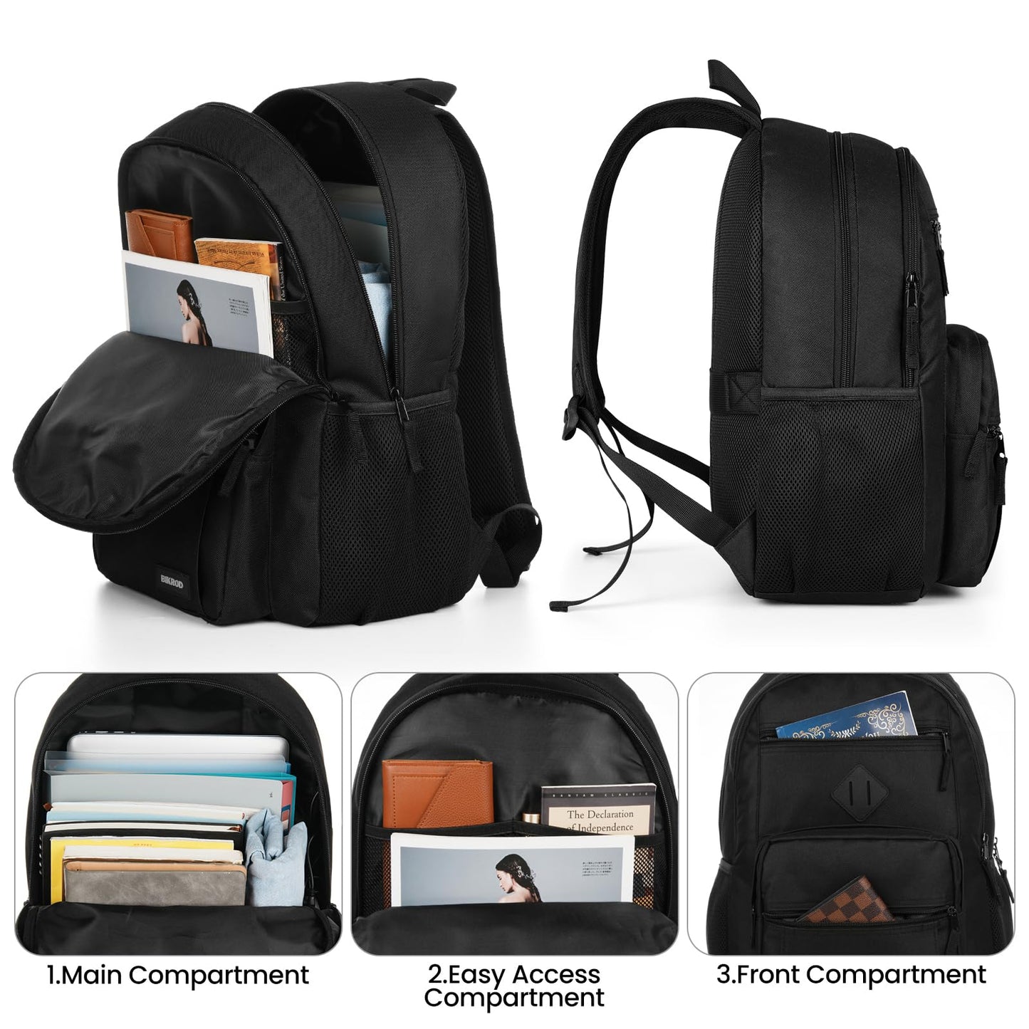 BIKROD Black Backpack for Men and Women, Backpack for School Teens Boys and Girls, Lightweight Casual High School Bookbag, Daily-use Travel Laptop Backpack Fits 17.3 Inch Notebook