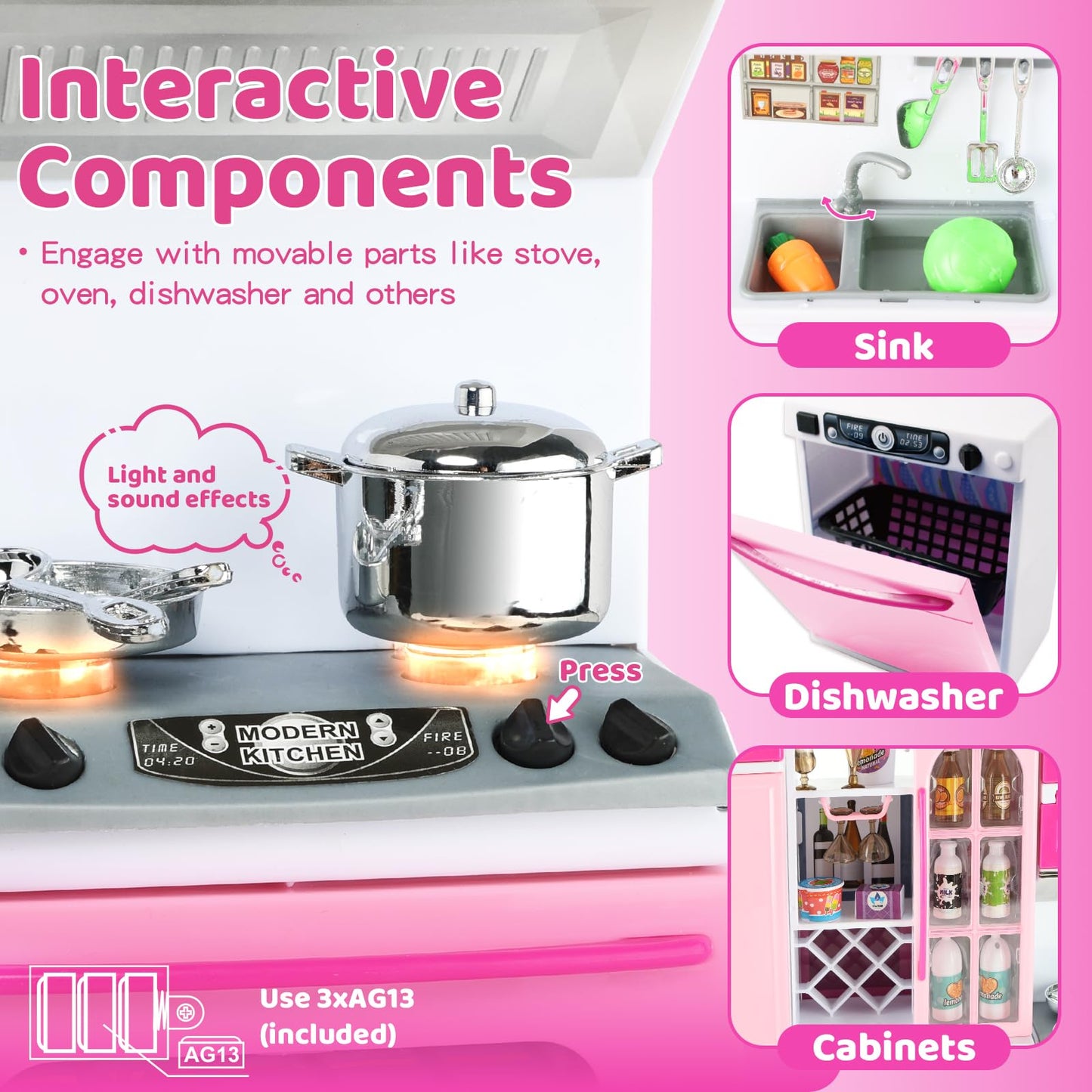 SOCBTNSO 64 PCS Pink Kitchen Toys with Lights Sounds|Mini Kitchen House Furniture Sets for Kids Ages 4-8|Doll Playset Toys for Toddlers 3-5|Birthday Gifts for 3 4 5 6 7 8 Old Girls
