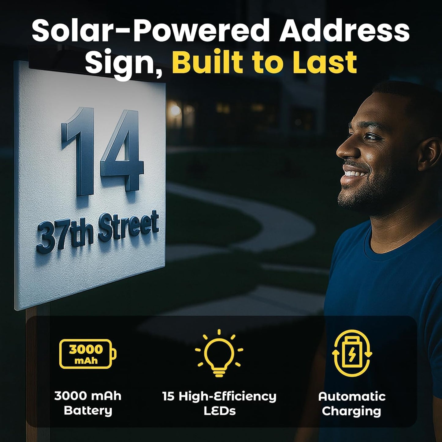 Brighticonics 2pck Solar Address Sign Light – IP65 Waterproof LED Lighted House Numbers – Easy Install, Auto Dusk-Dawn ON/Off, Outdoor Solar Address Signs for Yard, Homes, Business - Warm White 3000K