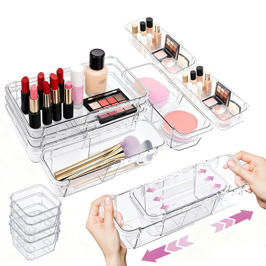 16 Pcs Extendable Clear Drawer Organizer, All Adjustable Vanity Storage Box, 2-Size Desk Drawer Organizer, Durable Storage Bins for Makeup, Cosmetic, Bedroom Dressers Tool Organizer for Gadgets