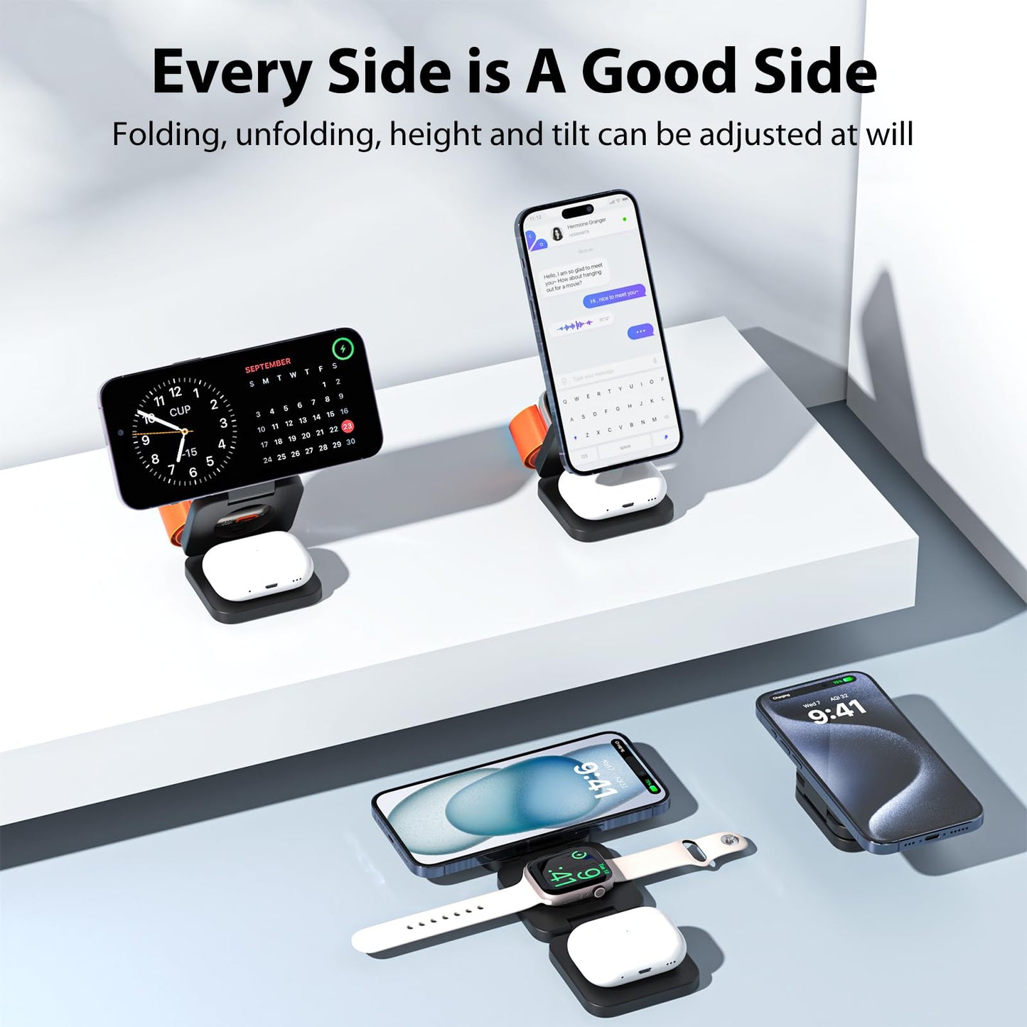 KU XIU X55 Foldable 3 in 1 Charging Station for Apple Devices, 15W Fast Magnetic Wireless Charger, Magent Travel Charger Stand for iPhone 16 15 14 13 12 Series, 5W for Apple Watch, AirPods-Black