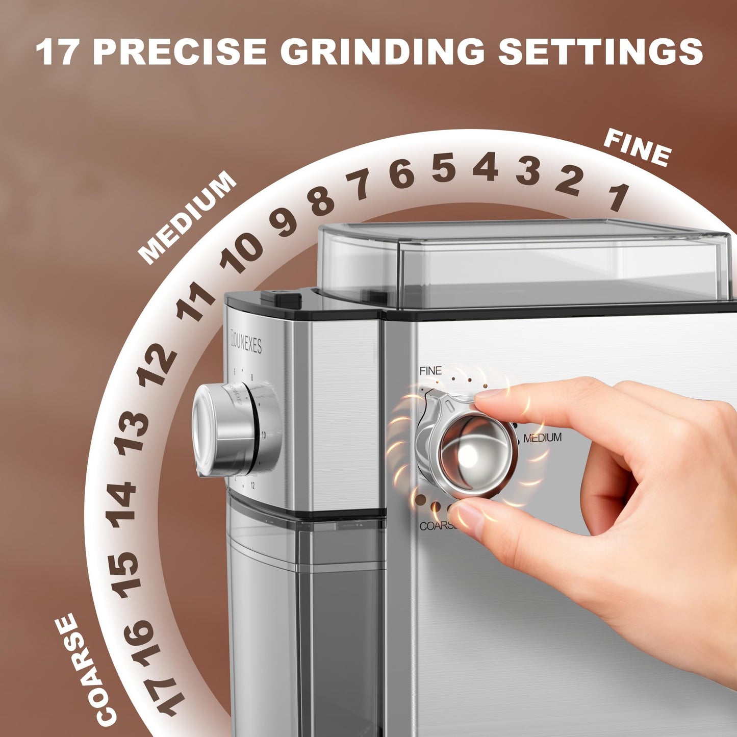 ROUNEXES Flat Burr Coffee Grinder Electric,Adjustable Coffee Grinder for Home Use, Burr Mill Grinder with 17 Levels, Large Capacity Bean Hopper & Removable Container