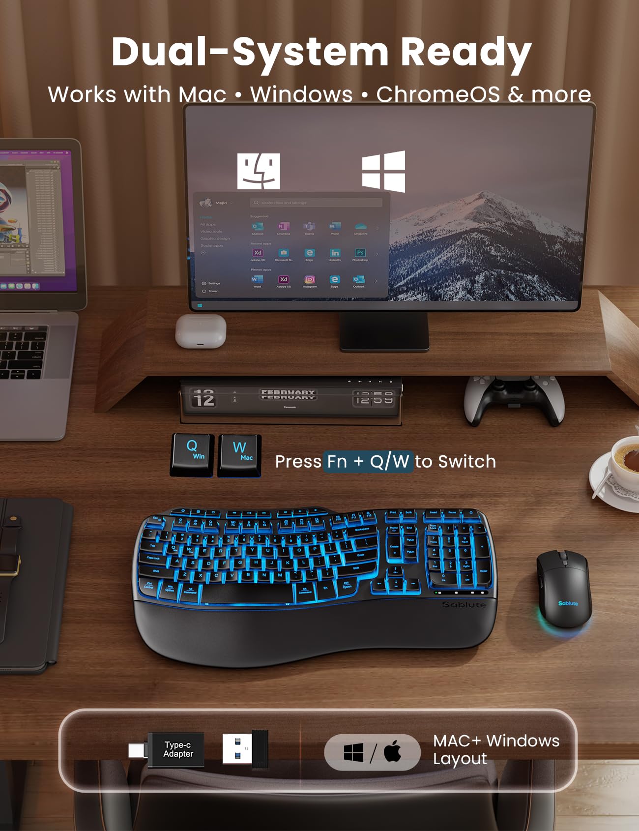 Ergonomic Wireless Keyboard and Mouse Combo, Rechargeable 4000mAh Backlit Keyboard with a Soft, Faux Lambskin Palm Rest, Wave Keys for Natural Typing, Compatible with Windows/Mac/Chromes OS—SABLUTE
