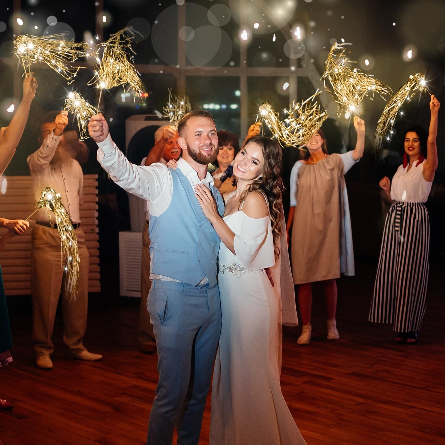 Simgoing 100 Pcs Lighted Wedding Wands LED Tinsel Wands Light up Streamers Sparklers for Wedding Send Off and Exits Birthday Party Props Favors(Champagne)