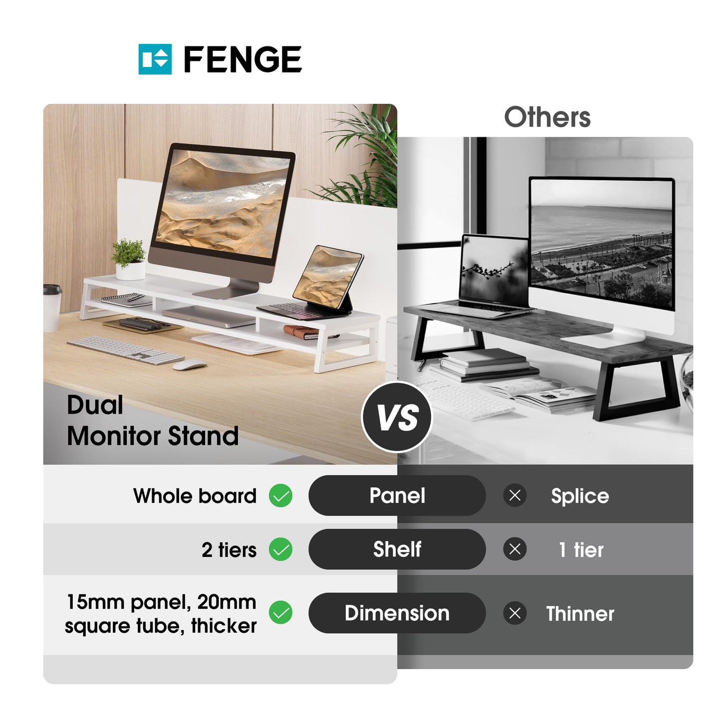 Fenge Dual Monitor Stand for Desk, 42.5in Large Monitor Riser for 2 Monitors, 2 Tier Computer Office Desk Top Shelf, Desktop Storage Stand for Laptop, PC, Computer, Printer