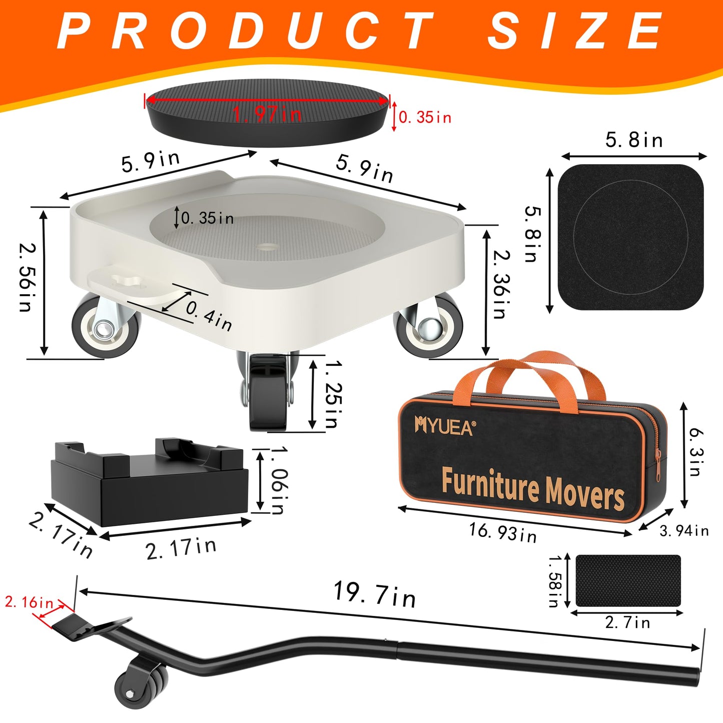 MUEA Furniture Dolly,Heavy-Duty Furniture Movers with Removable Center Pad,Non-Slip L-Edge & TPR Wheels,Moving for Round/Flat Leg Furniture–Includes Pry Bar,Gloves,Mat and Storage Bag(1200LBS)