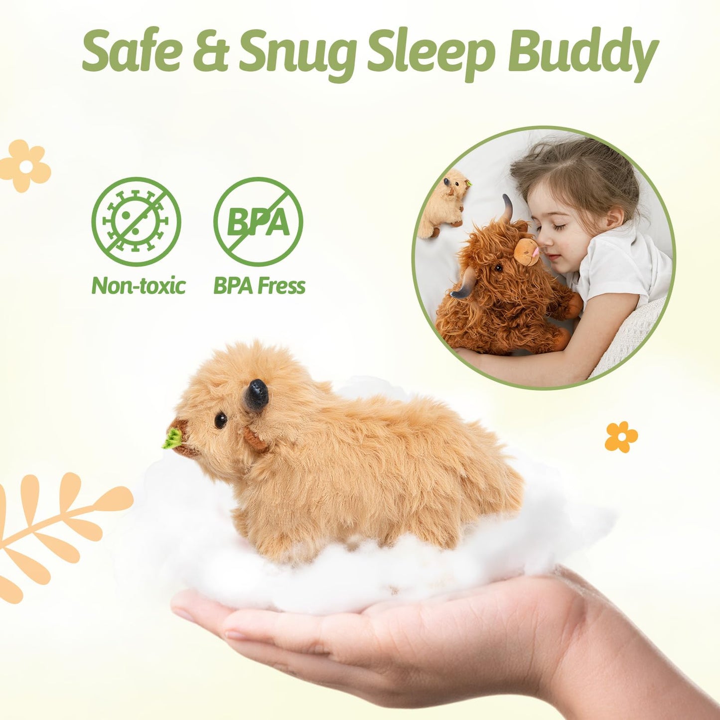 OUOZZZ Highland Cow Stuffed Animal – Large Realistic Fluffy Cow Plush Toy with 4 Baby Calves – Special Furry Material – Travel-Friendly & Portable Gift for Baby Girls, Boys, Toddlers & Kids 14.5"