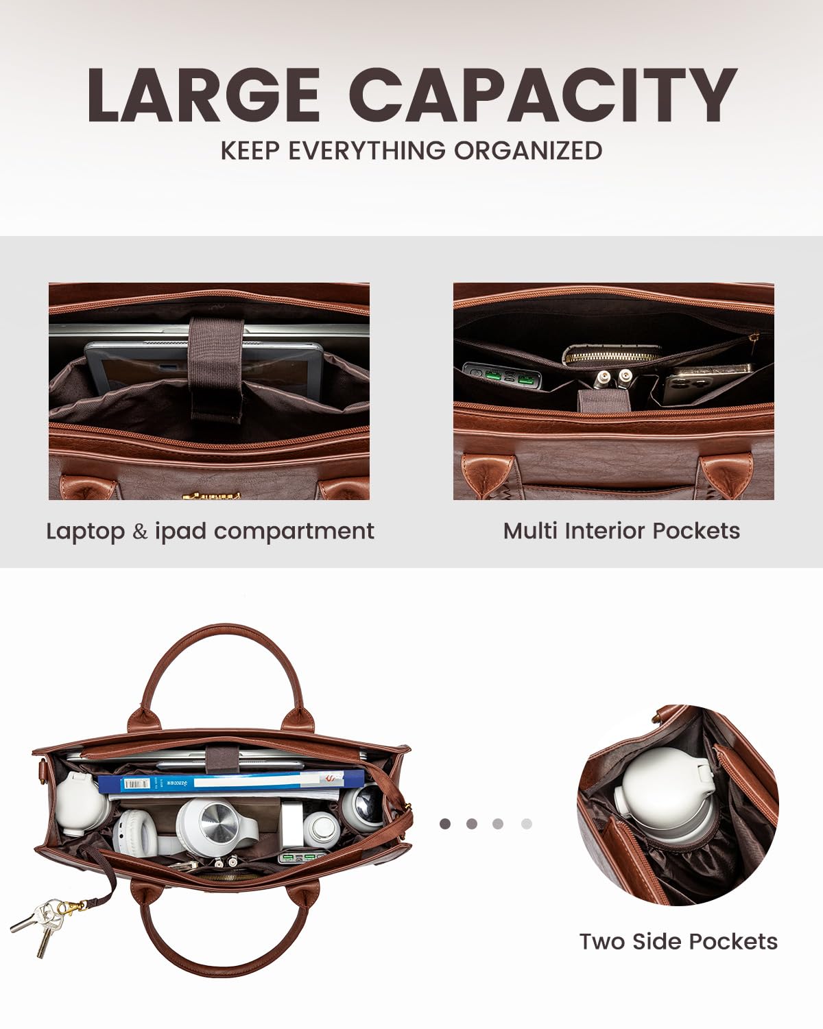 LOVEVOOK Laptop Tote Bag for Women, Vintage Leather Work Bags, 15.6 Inch Laptop Bag With Cup Holder, Waterproof Computer Purse, Professional Briefcase Office Shoulder Handbag, Yellow Brown Embroidery