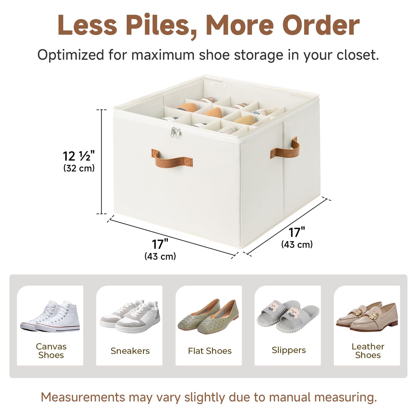 StorageWorks 2 Pack Shoe Organizer for Closet, Foldable Shoe Storage Box with Adjustable Dividers, Fabric Shoes Container, Stackable Storage Bins for Boots, Sneakers, Fits up to 16-32 Pairs, Beige