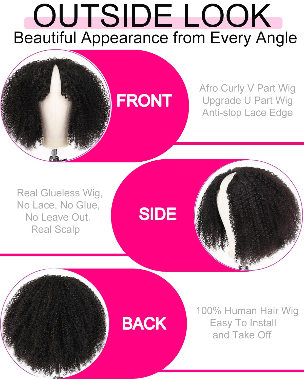 Vshow Glueless Wigs V Part Wig Human Hair Afro Curly Wig No Leave Out Thin Part Human Hair Wig Beginner Friendly 180% Density Upgrade U part Kinky Curly Wigs 20Inch