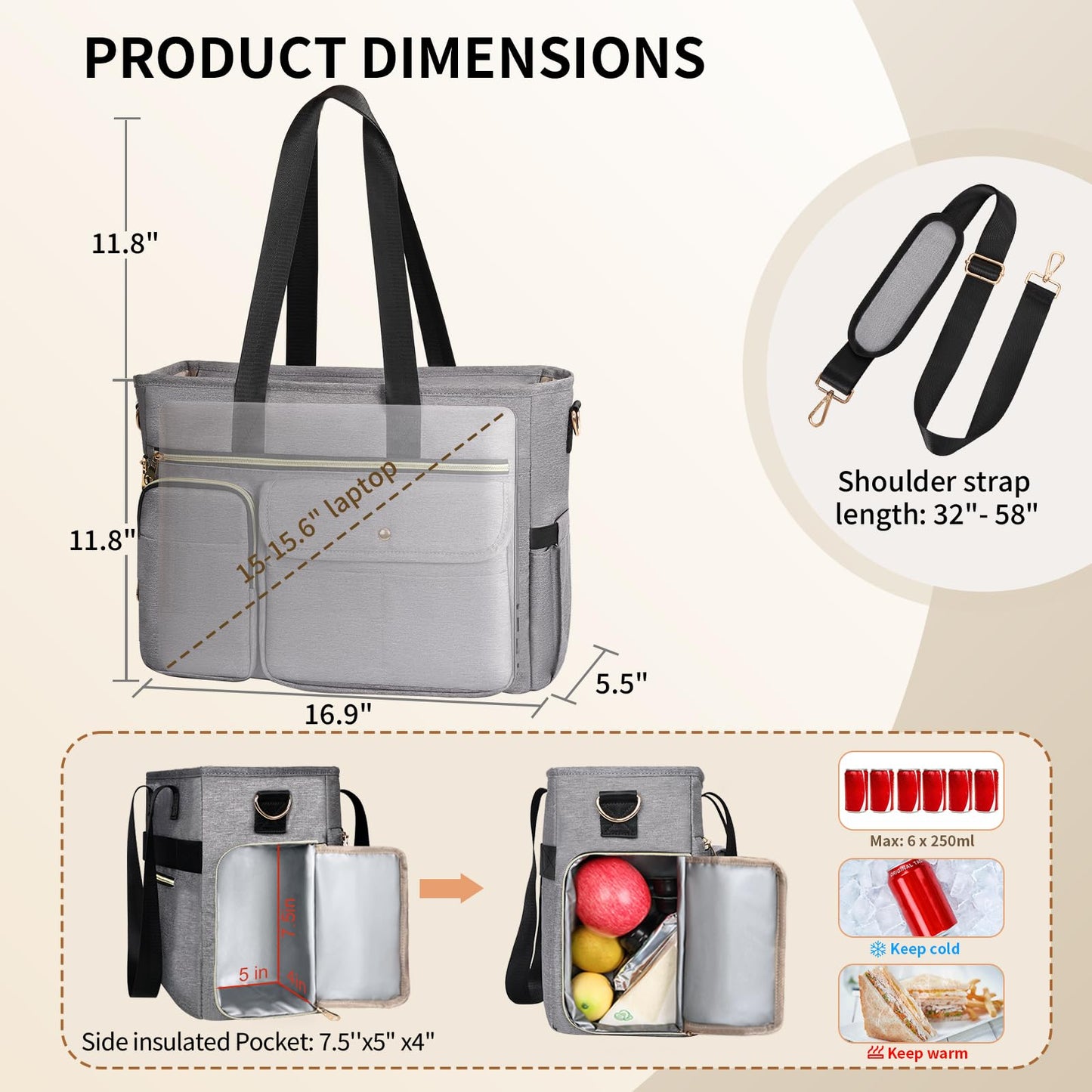 ESTARER Teacher Tote Bag for Women 2Pcs, 15.6'' Laptop Work Bag Computer bag w/Expandable File Folder, Large Water-Resistant Messenger Shoulder bag w/Insulated Pocket for Office/Travel/College, Grey
