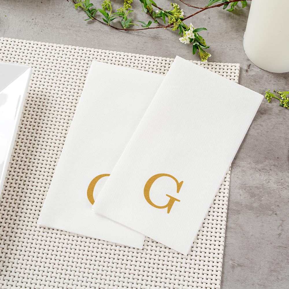 Luxenap 15.8 X 7.9 Inch Linen-Feel Guest Towels, 50 Lettered Hand Towels - Gold Letter 'G', Sans Serif Font, White Paper Dinner Napkins, airlaid, For Restrooms And Tables - Restaurantware