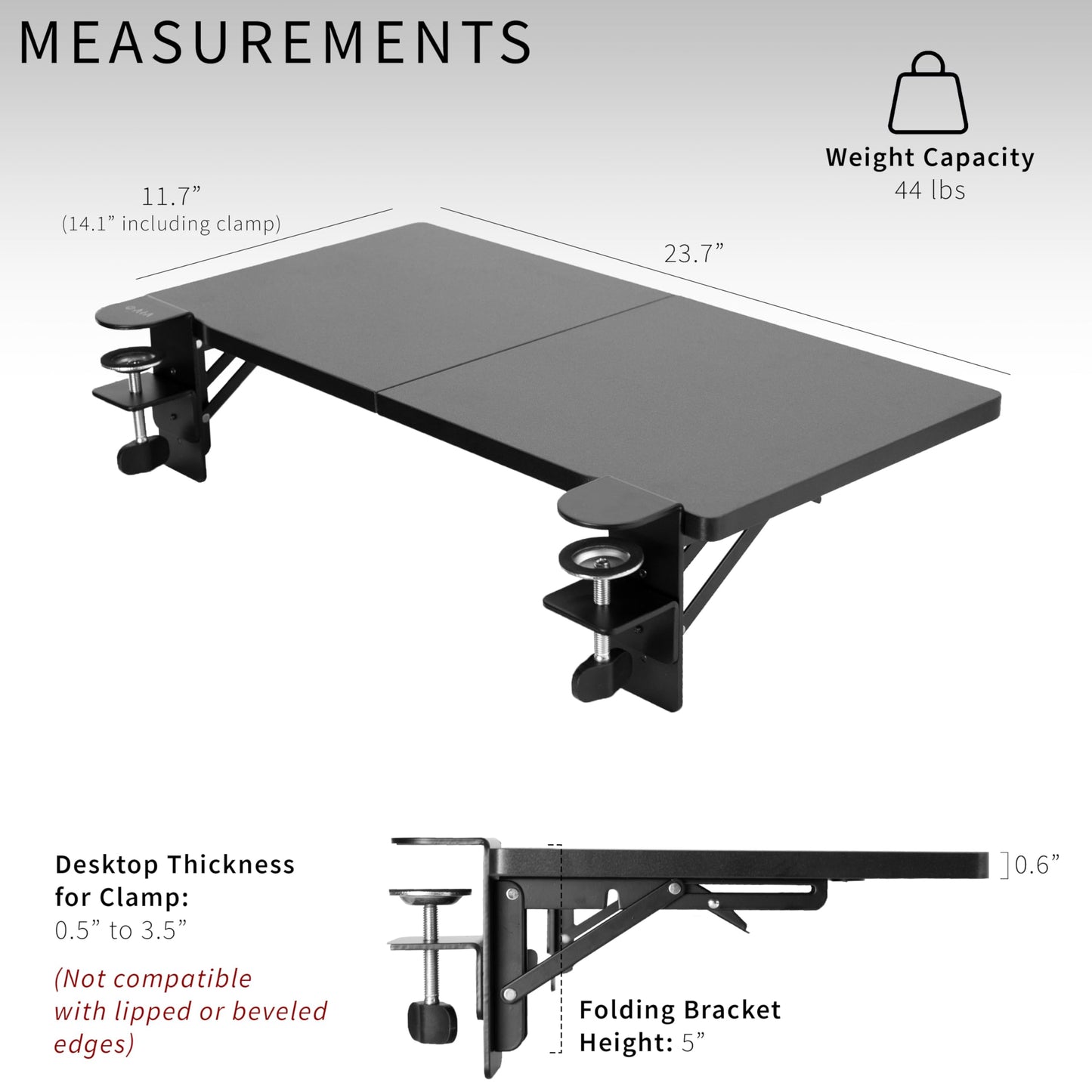 VIVO Clamp-on 24 x 12 inch (14 Including Clamps) Desk Extender, Wrist Support, Foldable Keyboard Tray, Table Mount for Sit Stand Desks, Black, DESK-EXT24.
